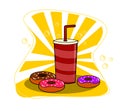 Colorful donuts and cup of coffee cartoon vector illustration.