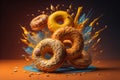 Colorful donuts flying out of the blue plate on orange background. generative ai