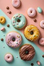 Colorful donuts on pastel background. Top view. Flat lay.
