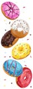 Colorful donuts with pink, chocolate, blue, yellow and white icing and sprinkles. Falling glazed sweet buns on white Royalty Free Stock Photo