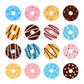 Colorful donuts set on white background.