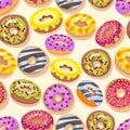 Colorful donuts with sprinkles seamless pattern. Doodle sketch style background.