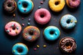 Colorful donuts table top view over dark background.