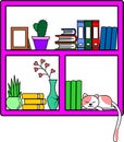 Colorful doodle book shelf with vase, cat and photo frame Royalty Free Stock Photo