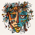 Colorful Doodle Cartoon Head With Abstract Designs - Mechanized And Tribal Abstraction