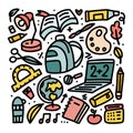 Colorful doodle cartoon set of School objects and symbols. Collection of kids educational elements and stationery Royalty Free Stock Photo