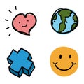 Colorful doodle drawings of heart, Earth, cross and smile face, Vector illustration Royalty Free Stock Photo