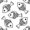 Vector seamless pattern of cute doodle fish with a rounded black outline pattern on a white background for a design template. Royalty Free Stock Photo