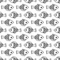 Vector seamless pattern of cute doodle fish with rounded scale pattern black outline on white background for design template. Royalty Free Stock Photo