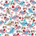 Colorful doodle hand drawn birds, love hearts, flowers seamless