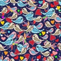 Colorful doodle hand drawn birds, love hearts, paisley flowers s