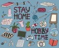 Colorful doodle hobby set. Stay home concept on blue background. Top table, video games, painting, reading, sport, knitting,