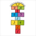 Colorful doodle hopscotch kids game. Hopscotch with rainbow numbers. Hand drawn outdoor game. Activity for children.