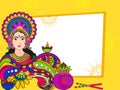 Colorful doodle illustration of Hindu Mythological goddess Durga and dandiya sticks with blank white frame on yellow, abstract fl