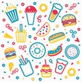 Colorful doodle illustration of various fast food and snacks Royalty Free Stock Photo