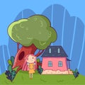 Colorful doodle landscape with little house, old green oak-tree and cute fairy girl. Childish line vector. Hand drawn