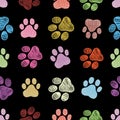 Colorful doodle new paw print seamless fabric design black background pattern Royalty Free Stock Photo