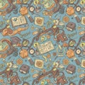 Colorful doodle pattern features science-themed objects on a blue background. Royalty Free Stock Photo