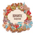 Colorful doodle romantic composition with banner and ornate elements