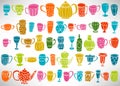 Colorful doodle set of hand drawn dishes, cups, teapots, glasses, vases