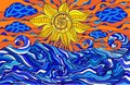 Colorful doodle sun, clouds and ocean waves. Fantastic surreal s