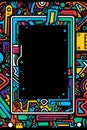 colorful doodles on a black background with a black square in the middle