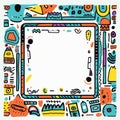 colorful doodles on a white background with a square frame