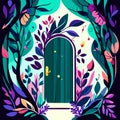 Colorful door in the forest. Vector illustration in flat style. Generative AI