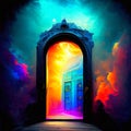 Colorful door in the old church. Digital painting. Illustration. generative AI