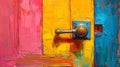 Colorful door with painted doorknob. Artistic door handle on an abstract background. Concept of artistry, creativity