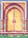 Colorful door to a Moroccan-style building in a patio