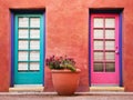 Colorful doors and terracotta wall