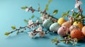 Colorful dotted painted pastel colors chicken easter eggs lying on solid light blue background with blooming sakura branches