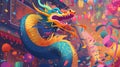 Colorful dragon in a Chinese temple. Colorful vector illustration.