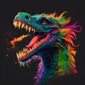 Colorful dragon head on a black background. 3d illustration.