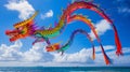 Colorful dragon kite flying in a blue sky with clouds. Royalty Free Stock Photo