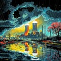 Chromatic Eruption: Dramatic Nuclear Power Plant with Steam and Colorful Rain, generative ai