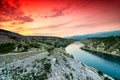 Colorful Dramatic Sunset Over the River And Mountains In Dalmatia, Croatia Royalty Free Stock Photo