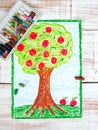 Colorful drawing: apple tree Royalty Free Stock Photo