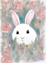 Colorful drawing art of a white bunny adn pink flowers.