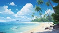 Vibrant Anime Beach: Blue Water, Flowers, Trees, And Artistic Flair