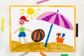 Drawing: beach vacation. Smiling boy with colorful ball and sun umbrella