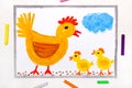 Drawing:  brooding hen and three little chickens Royalty Free Stock Photo