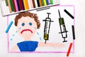 Drawing: Child vaccination. Crying boy and syringe