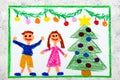 Colorful drawing: A Christmas time, a smiling couple and Christmas tree