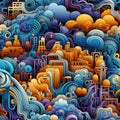 Colorful drawing of clouds in a city with intricate psychedelic patterns (tiled)