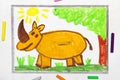 Drawing: cute smiling rhinoceros in forest