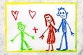 Colorful drawing: foster family. couple and their adopted child