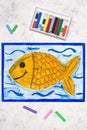 Drawing: Goldfish swimming in water. Cute smiling fish