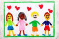 Colorful drawing: A group of happy international friends